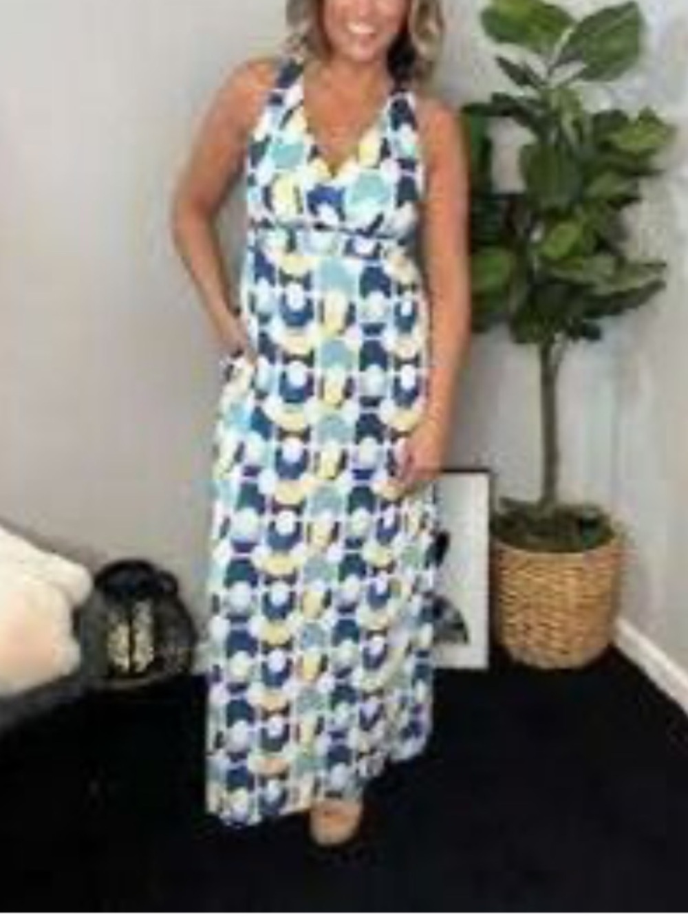 SOMA L Sleeveless Blue Patterned Maxi Dress